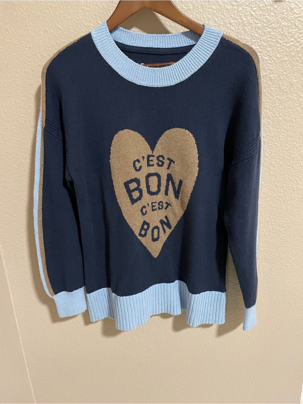 Maeve wool blend Women’s Navy and Light Blue Heart Crewneck Sweater
